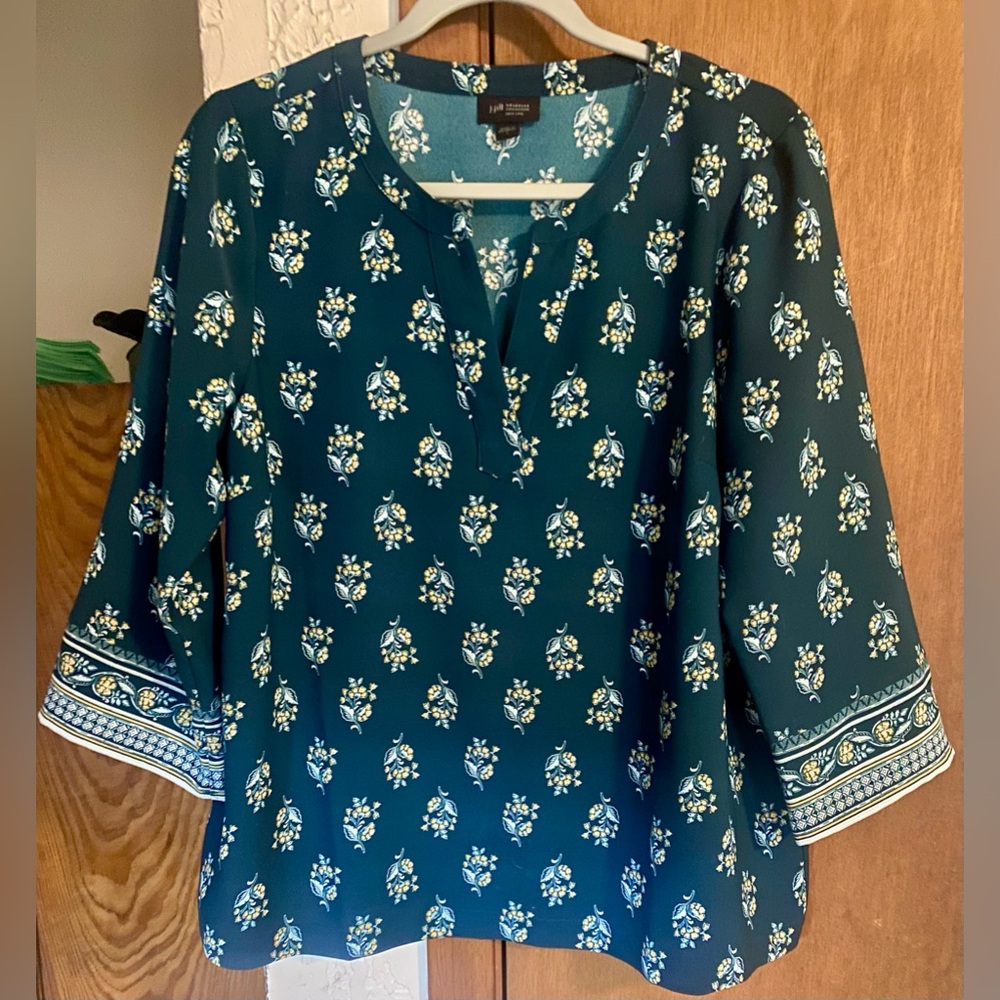 J. Jill EUC 17”PTP Sz: S Wearever Easy-Care Tunic Teal Gold Floral